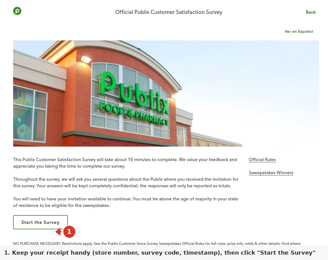 publixsurvey.com survey homepage — enter the store number, survey code, and timestamp from your Publix receipt